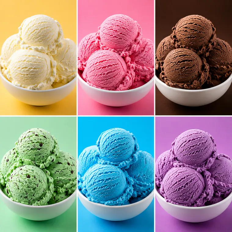 Pop-art flavor grid — vanilla, strawberry, chocolate, mint chip, blue moon, and ube scoops in white bowls