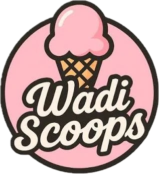 Wadi Scoops — hand-painted logo: melting vanilla cone over a pink badge